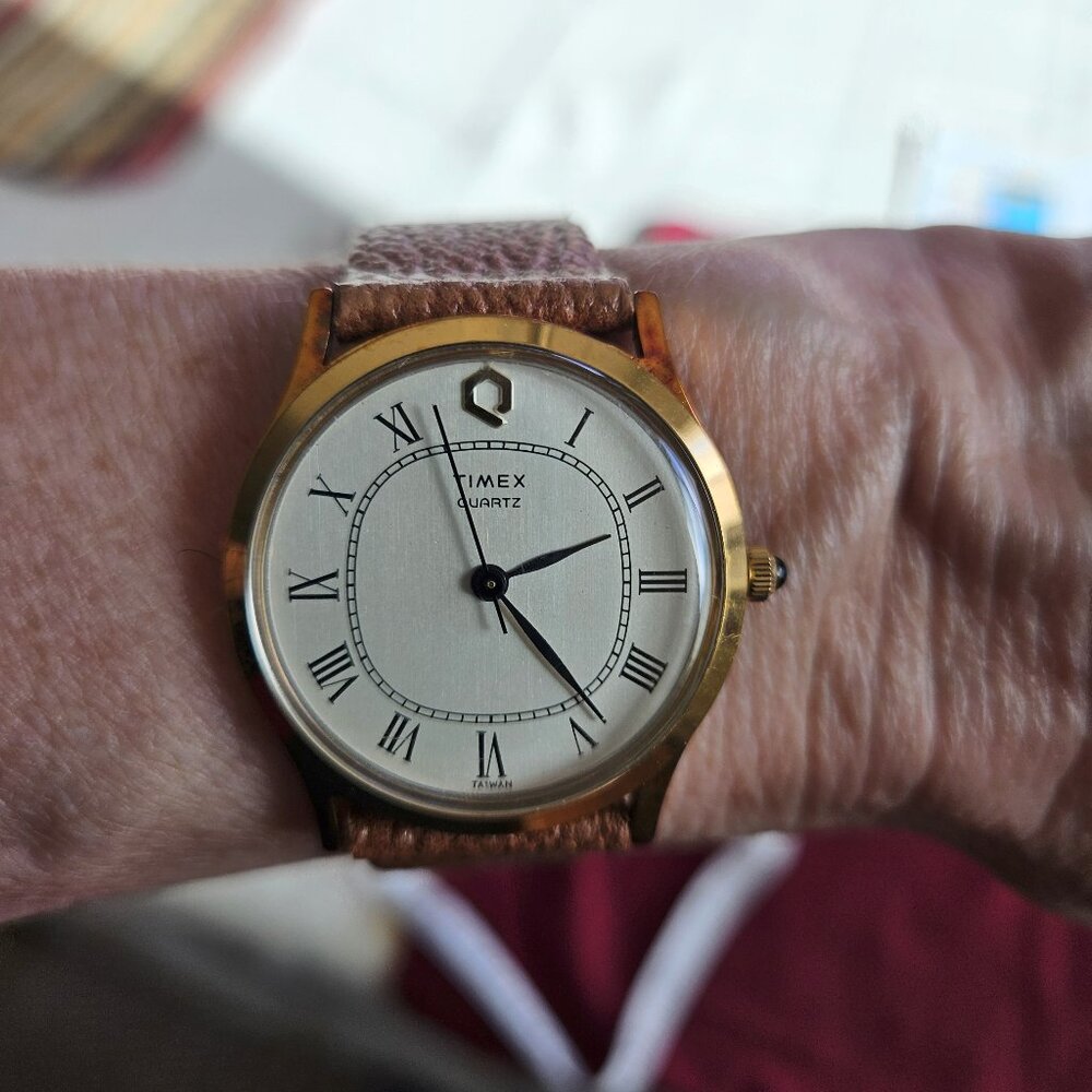 Men's Timex watch, gold dial and brown band